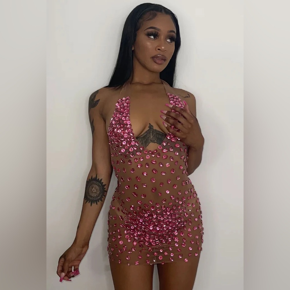 Rosedress HALTER NECK BACKLESS VELVET SHEER MESH RHINESTONE MINI DRESS- Rose NWT - Picture 7 of 9